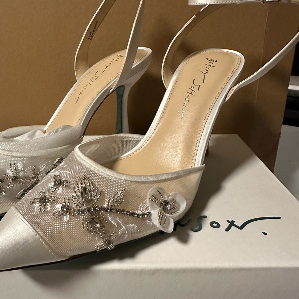 Betsey Johnson Ivory Embellished Satin Heels